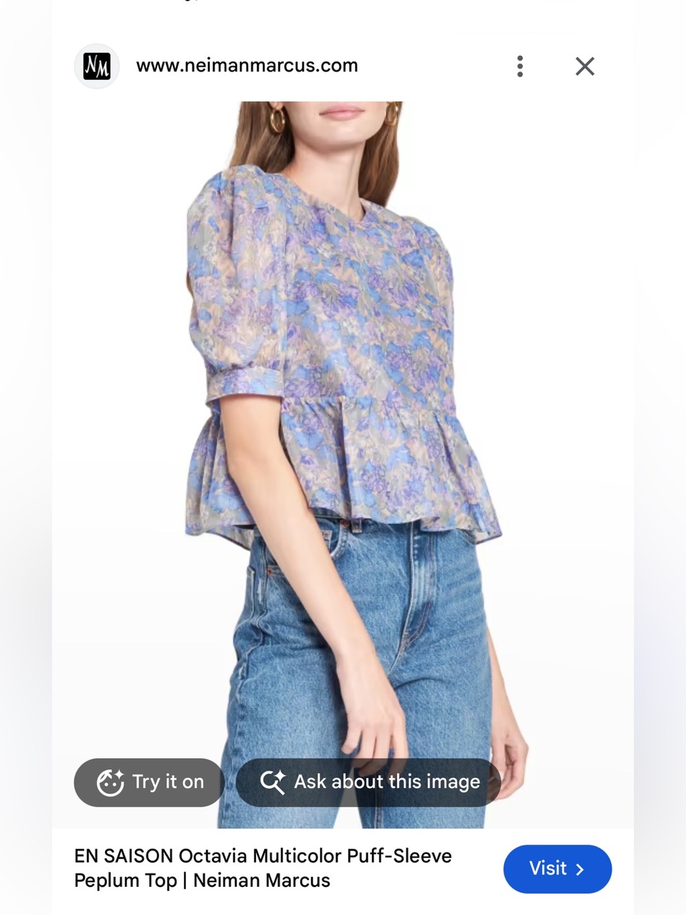 En Saison Floral Puff Sleeve Peplum Blouse Blue Lavender